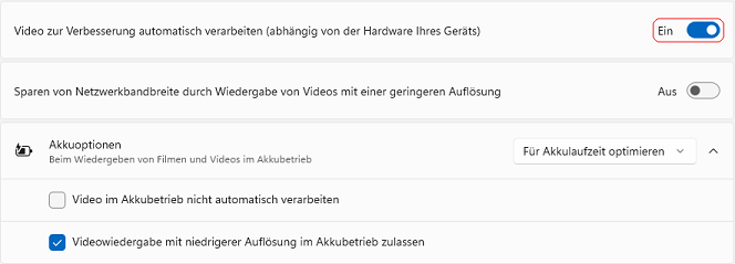 Option "Video zur Verbesserung automatisch verarbeiten (abhängig von der Hardware Ihres Geräts)"