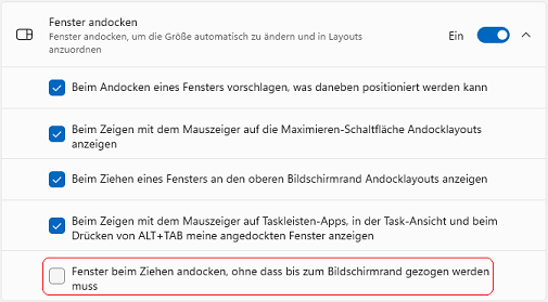 Fenster beim Ziehen andocken, ohne dass bis zum Bildschirmrand gezogen werden muss