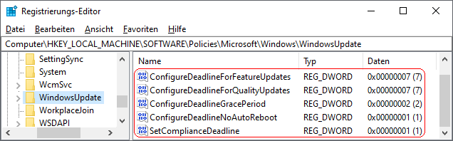 SetComplianceDeadline, ConfigureDeadlineForFeatureUpdates, ConfigureDeadlineForQualityUpdates, ConfigureDeadlineNoAutoReboot, ConfigureDeadlineGracePeriod