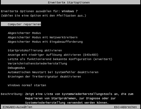 Windows 7: Erweiterte Startoptionen