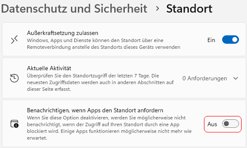 Benachrichtigen, wenn Apps den Standort anfordern