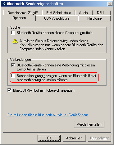 Benachrichtigung anzeigen, wenn ein Bluetooth-Gerät eine Verbindung herstellen möchte