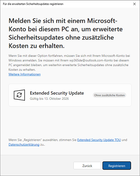 Melden Sie mit einem Microsoft-Konto bei diesem PC an, um erweiterte Sicherheitsupdates ohne zus&auml;tzliche Kosten zu erhalten.
